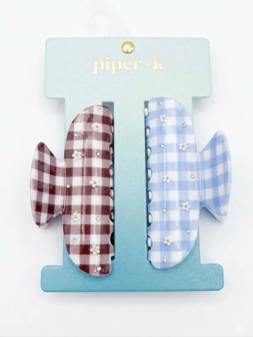 💙▪️ Piper K ▪️Sweetheart Daisy Blue & Brown Gingham Hair Claw Clip